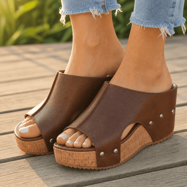 Solana – Retro Cork Wedge Sandals with Rivet Detail Brown Without Strap / 6