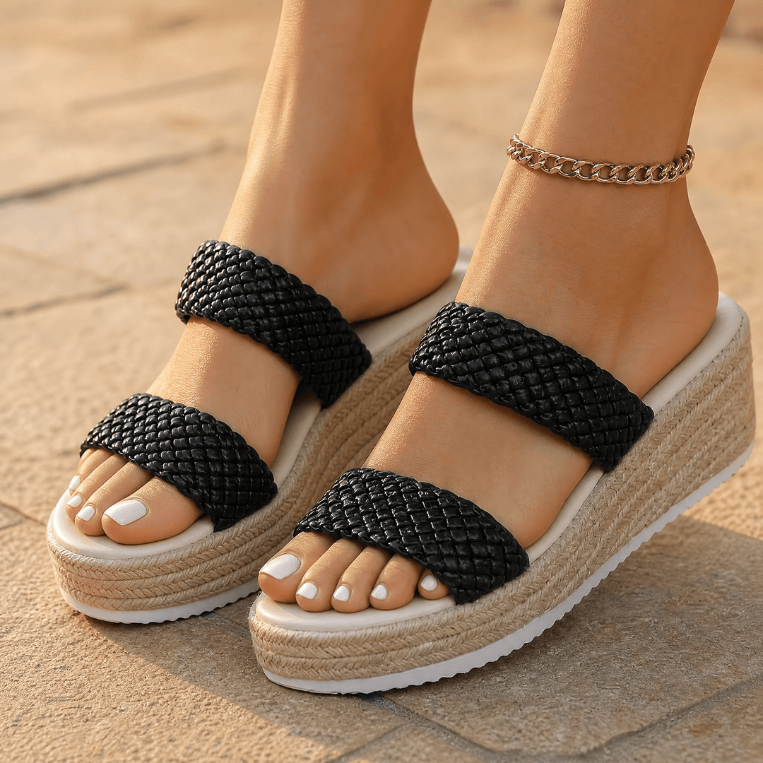 Solara – Braided Platform Wedge Slides Black / 5