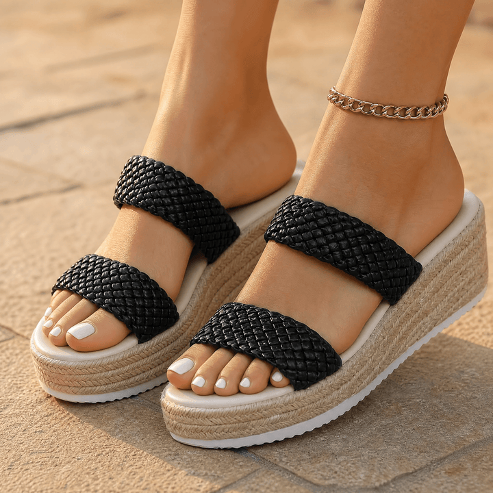 Solara – Braided Platform Wedge Slides Black / 5