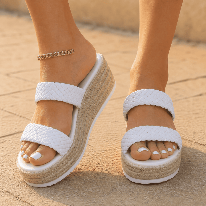 Solara – Braided Platform Wedge Slides White / 5