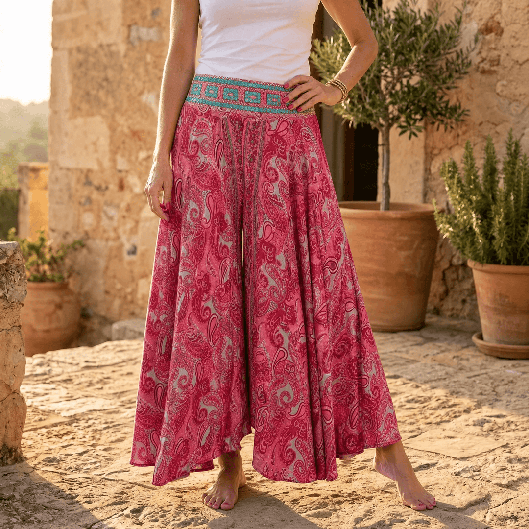 Solara – Women's Flowy Paisley Palazzo Pants Red