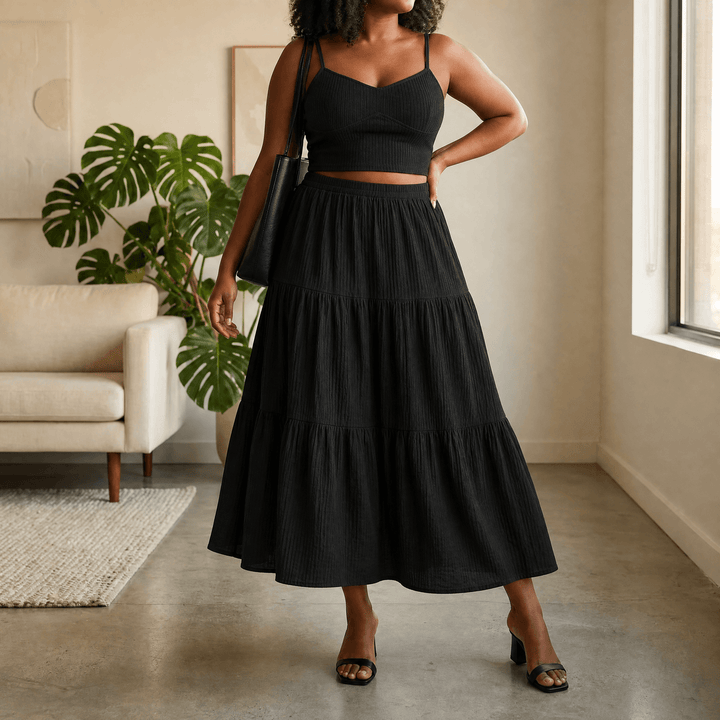 Solavie – Tiered Maxi Skirt and Cami Matching Set Black / S