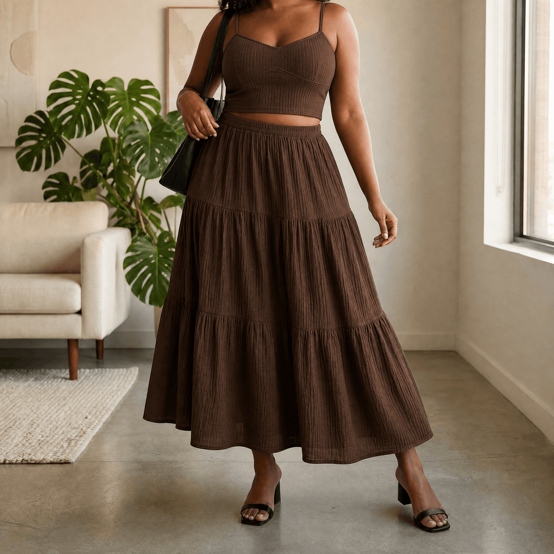 Solavie – Tiered Maxi Skirt and Cami Matching Set Brown / S