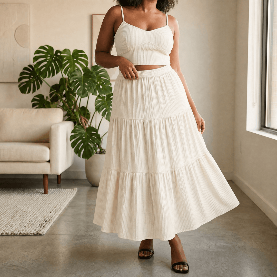Solavie – Tiered Maxi Skirt and Cami Matching Set Cream / S