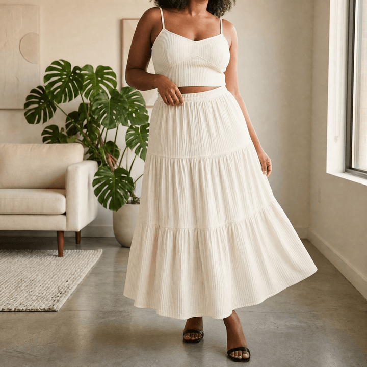 Solavie – Tiered Maxi Skirt and Cami Matching Set Cream / S