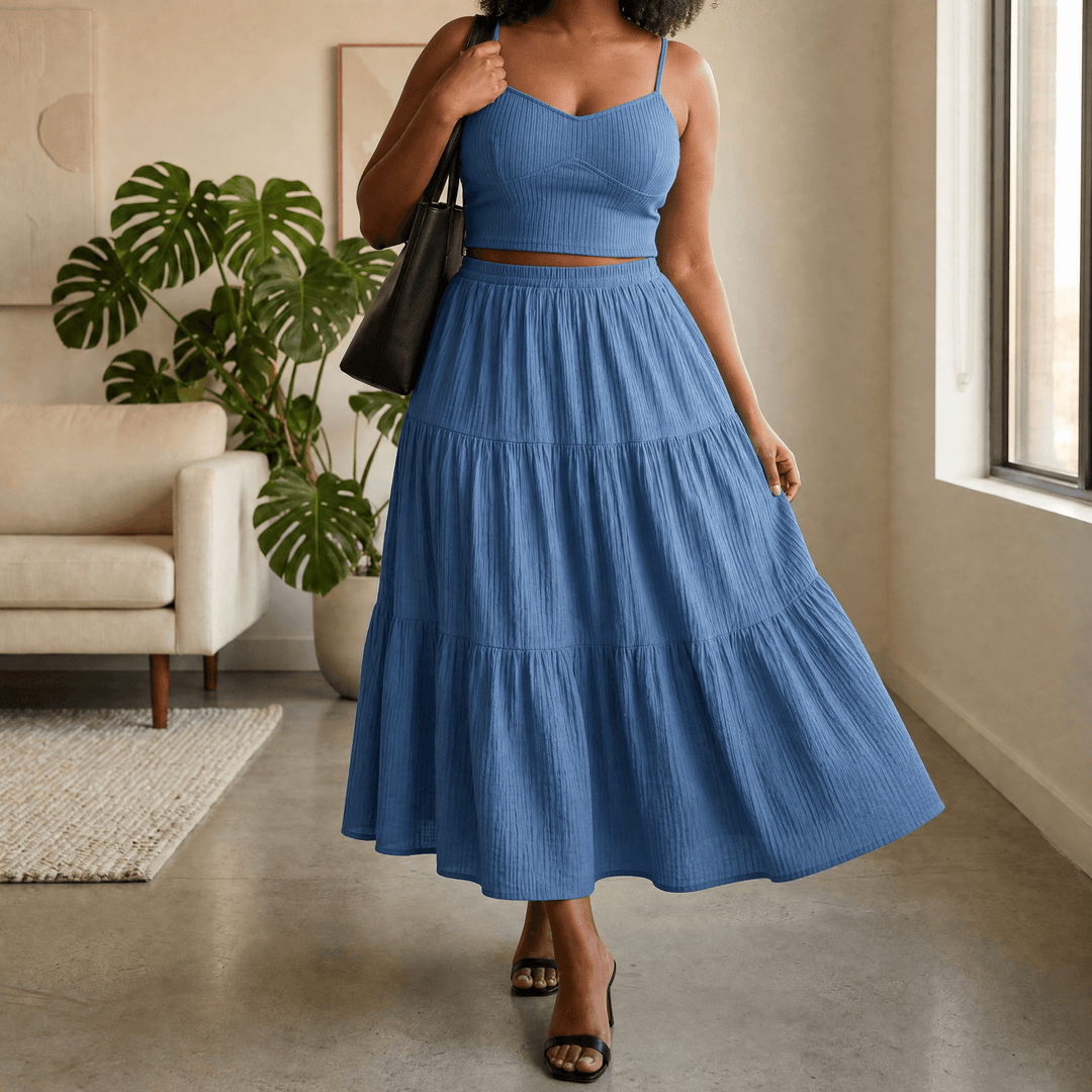 Solavie – Tiered Maxi Skirt and Cami Matching Set Dusty Blue / S