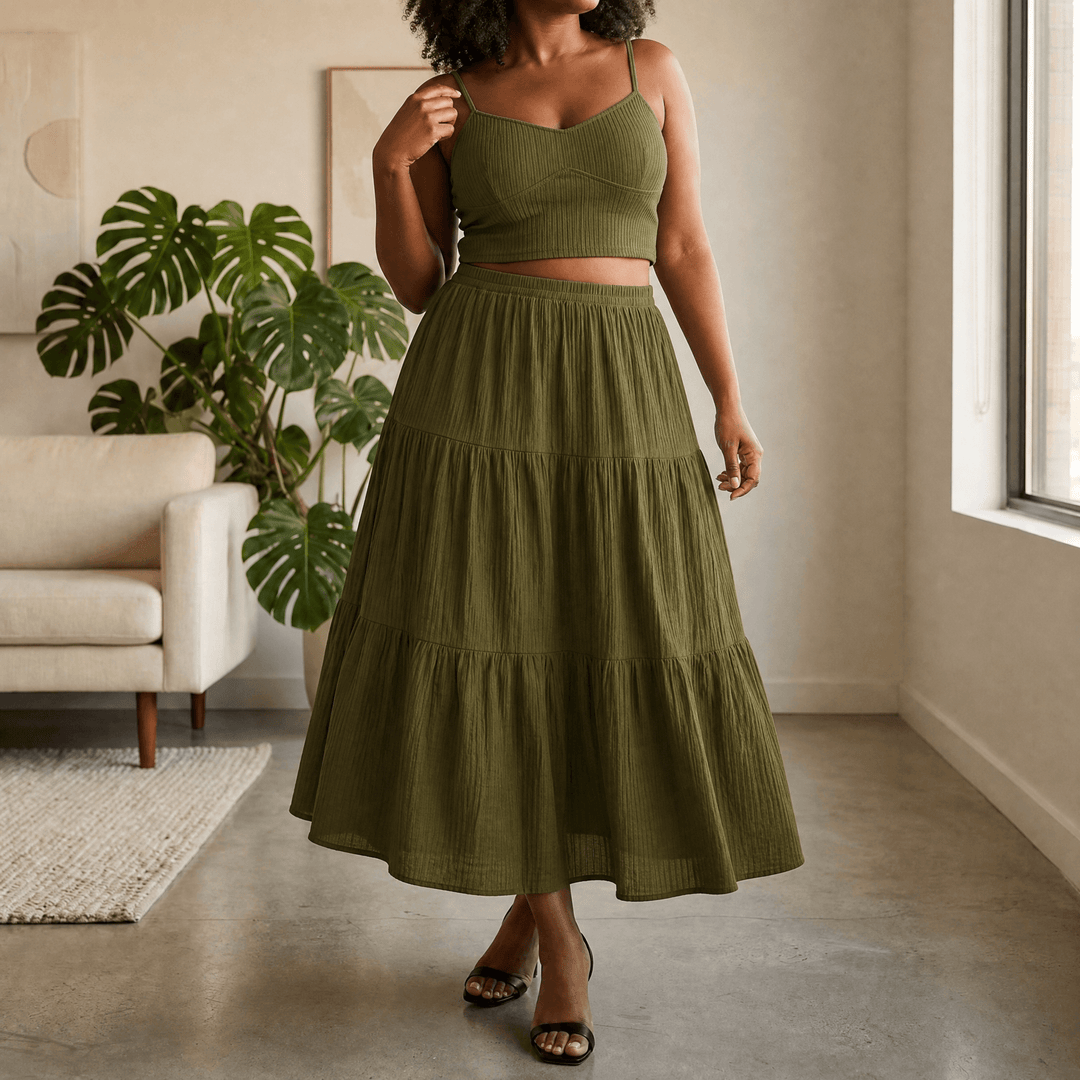 Solavie – Tiered Maxi Skirt and Cami Matching Set Olive Green / S