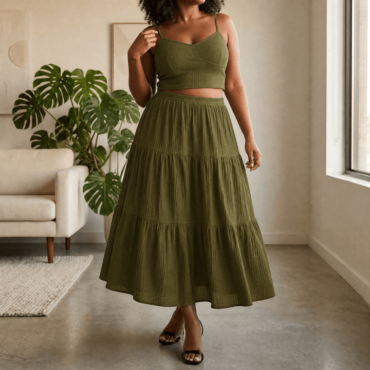 Solavie – Tiered Maxi Skirt and Cami Matching Set Olive Green / S