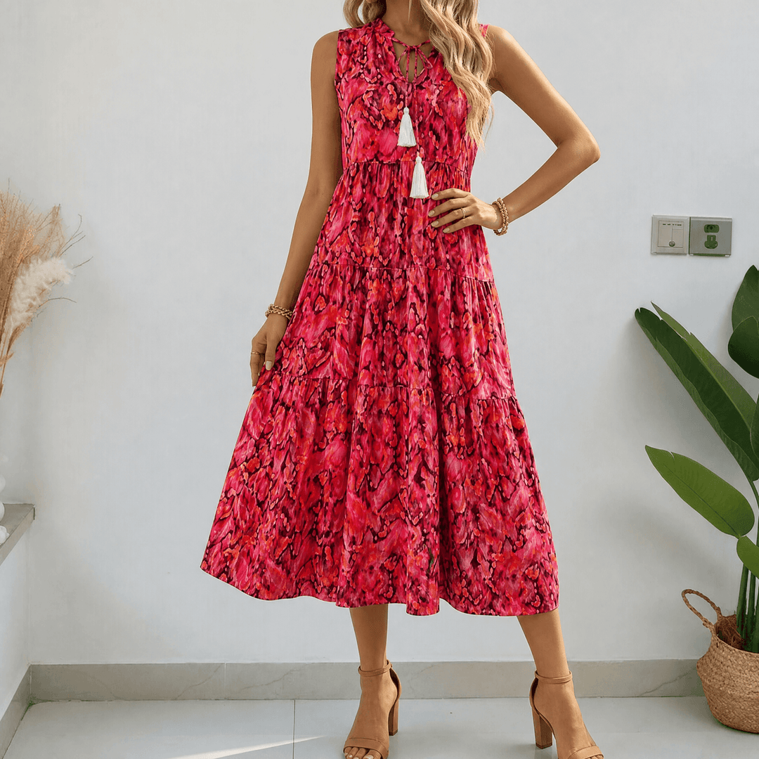 Soleia – Women's Tiered Boho Midi Dress coral fire