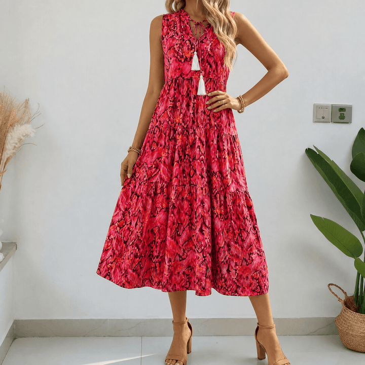Soleia – Women's Tiered Boho Midi Dress coral fire