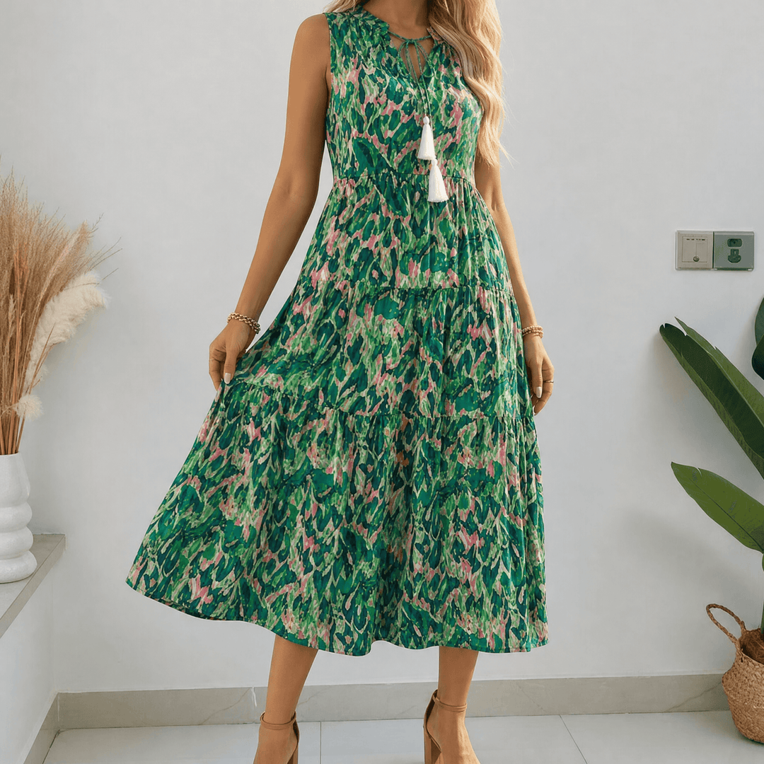 Soleia – Women's Tiered Boho Midi Dress emerald garden