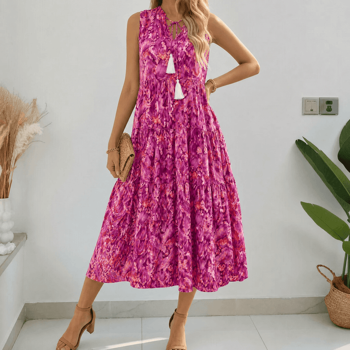 Soleia – Women's Tiered Boho Midi Dress magenta sunset