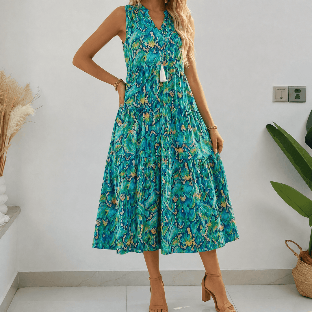 Soleia – Women's Tiered Boho Midi Dress turquoise bloom