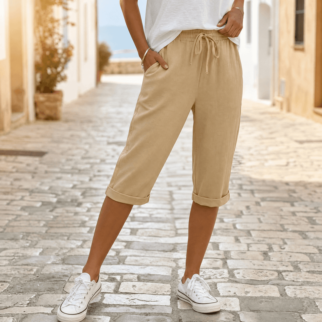 Solenna – Cotton-Linen Drawstring Capri Khaki Beige