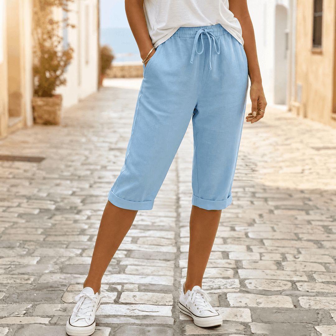 Solenna – Cotton-Linen Drawstring Capri Sky Blue