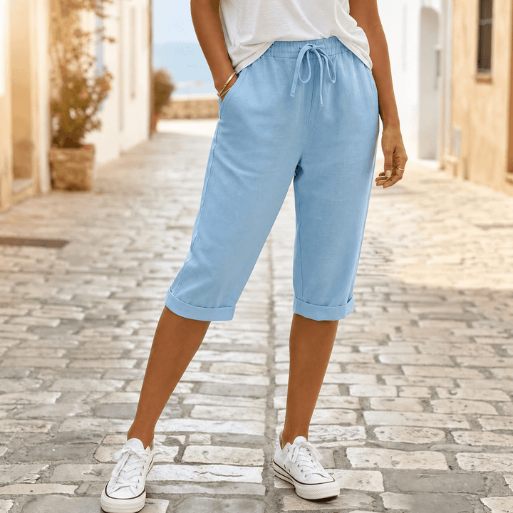 Solenna – Cotton-Linen Drawstring Capri Sky Blue