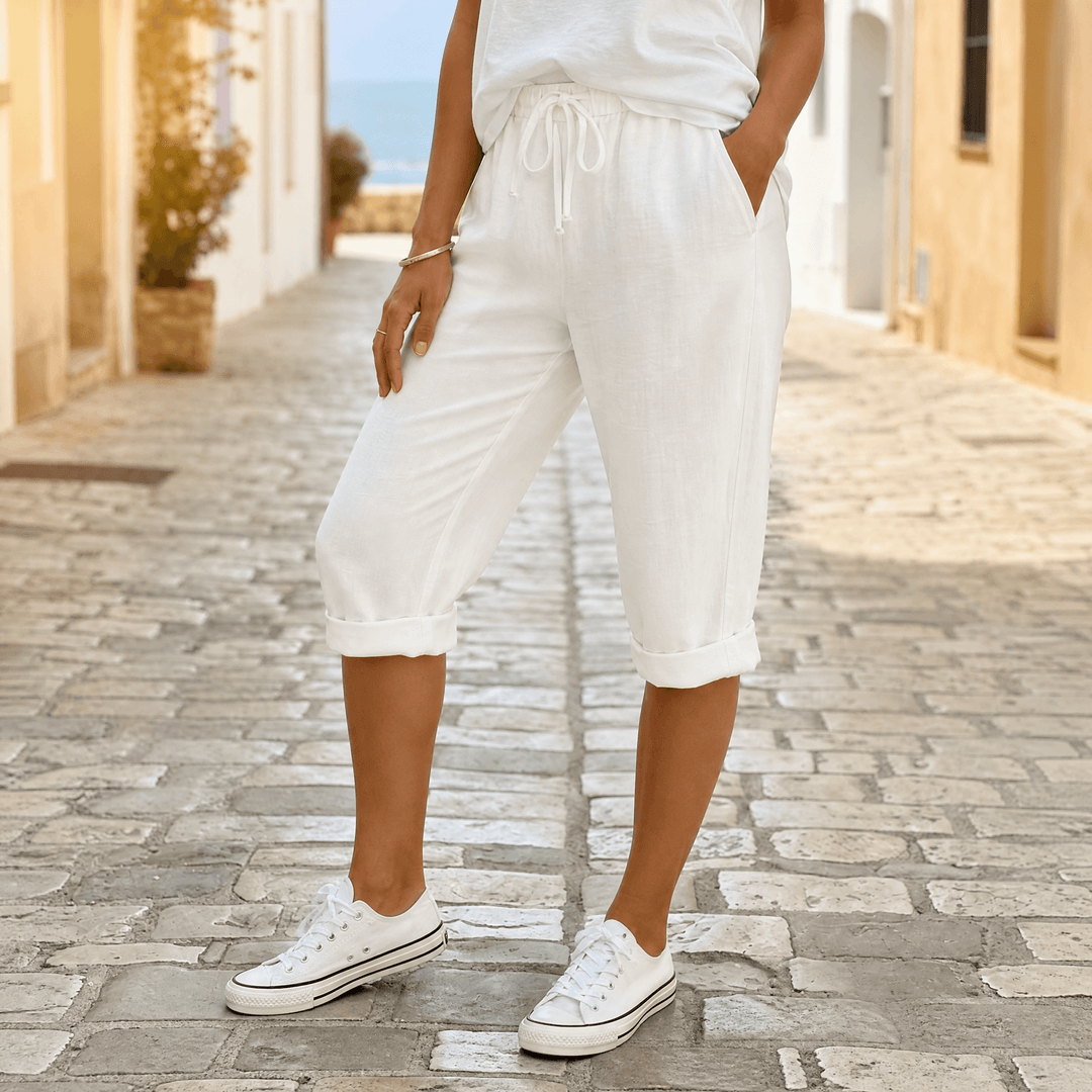 Solenna – Cotton-Linen Drawstring Capri Soft White