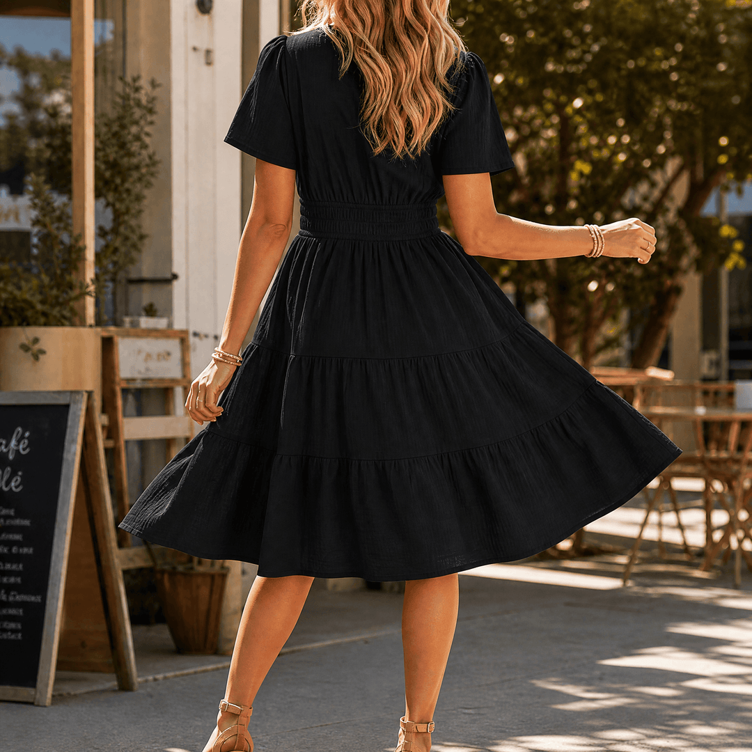 Solenna – Women's Smocked Waist Tiered Mini Dress Black
