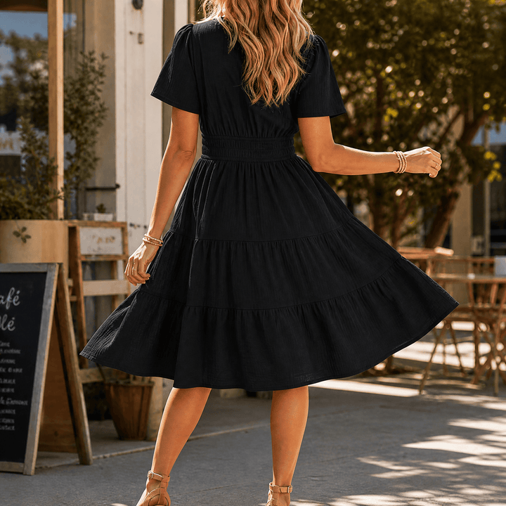 Solenna – Women's Smocked Waist Tiered Mini Dress Black