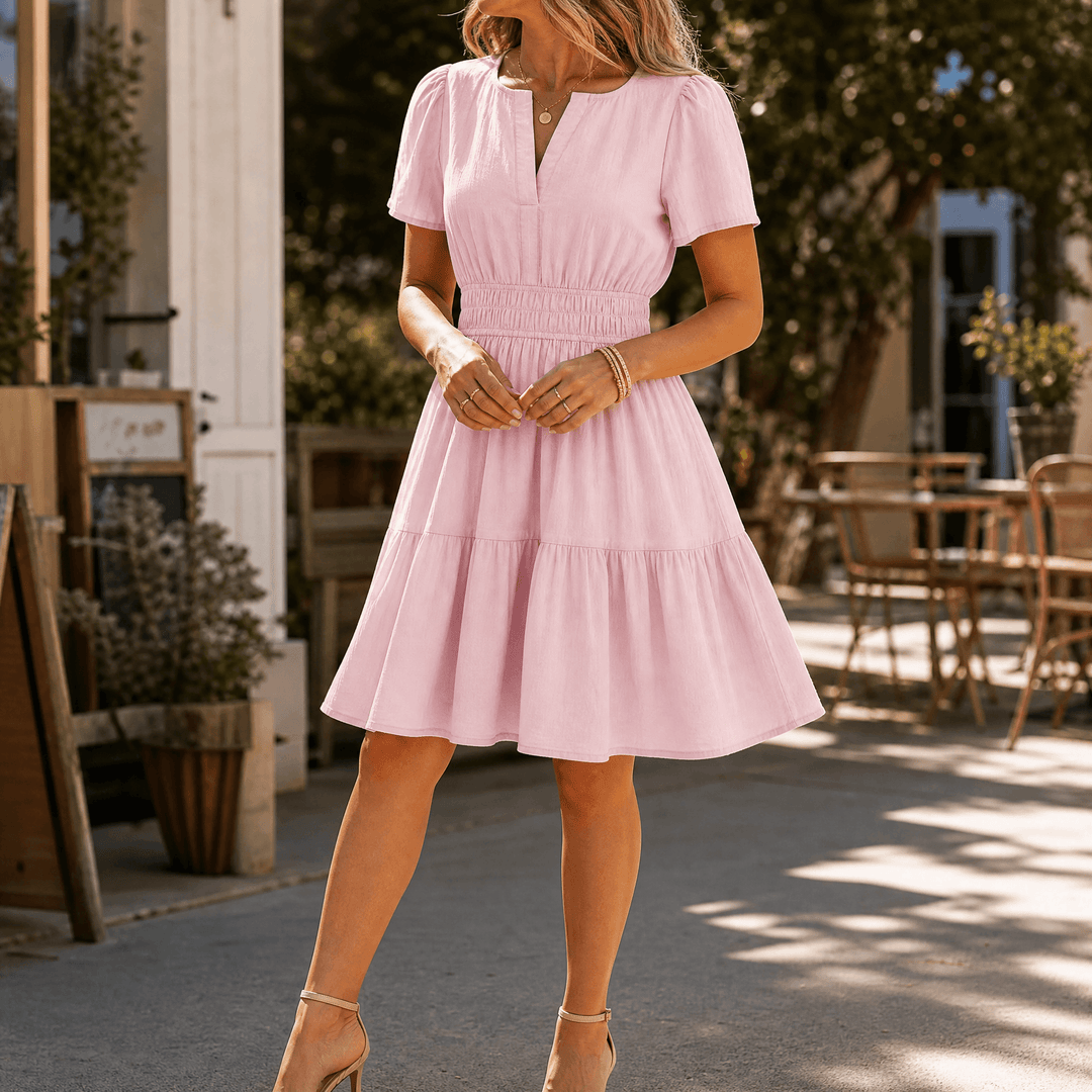 Solenna – Women's Smocked Waist Tiered Mini Dress Blush Pink