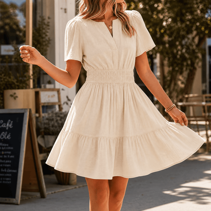 Solenna – Women's Smocked Waist Tiered Mini Dress Cream