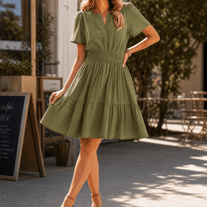 Solenna – Women's Smocked Waist Tiered Mini Dress Olive Green