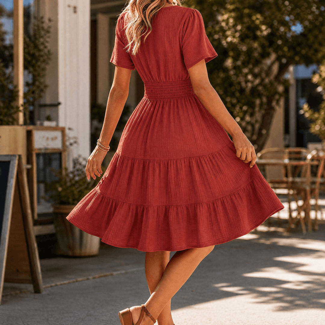 Solenna – Women's Smocked Waist Tiered Mini Dress Red