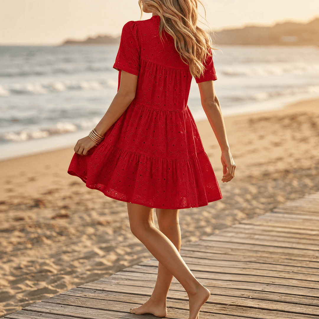 Solenne – Cotton Eyelet Summer Dress Red
