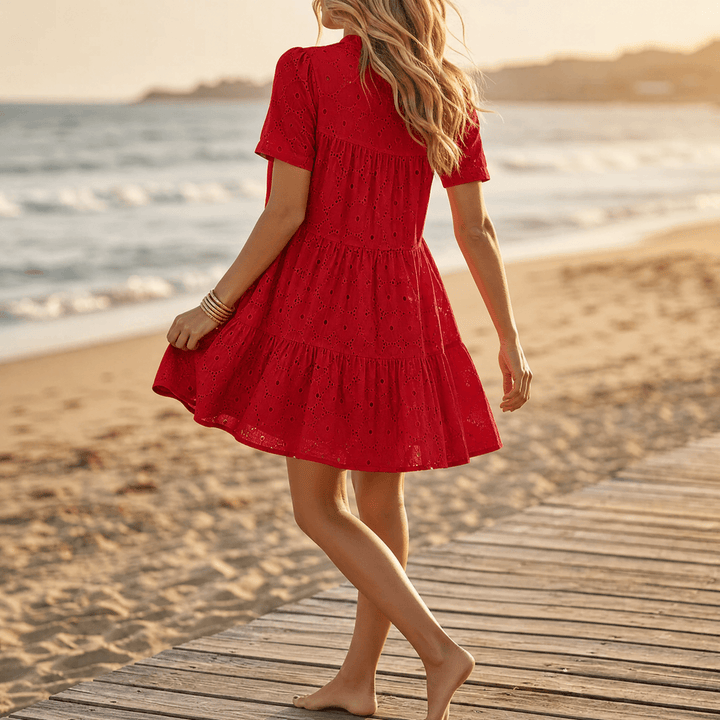 Solenne – Cotton Eyelet Summer Dress Red