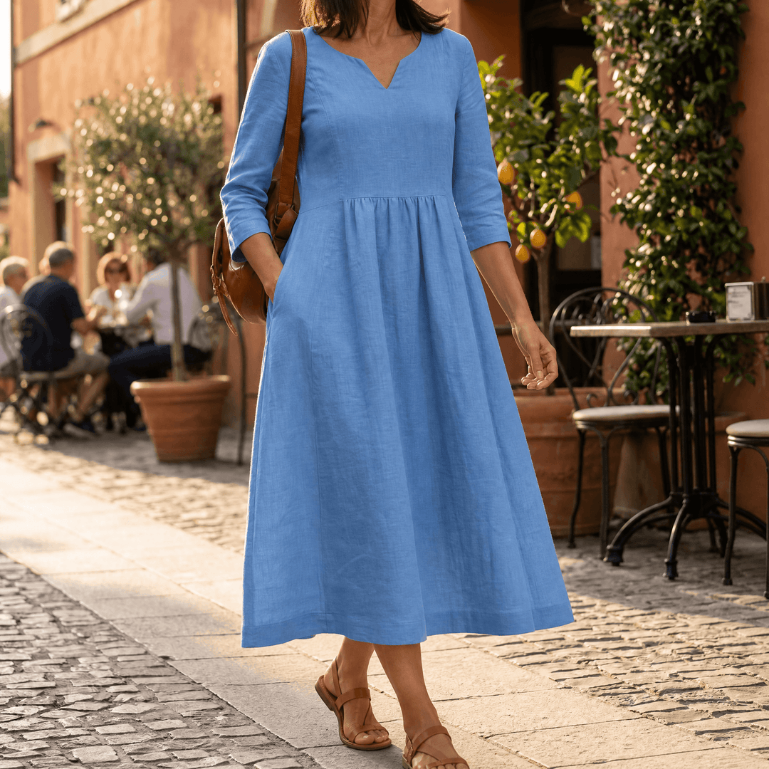 Solenne – Relaxed V-Neck Midi Dress with Pockets blue