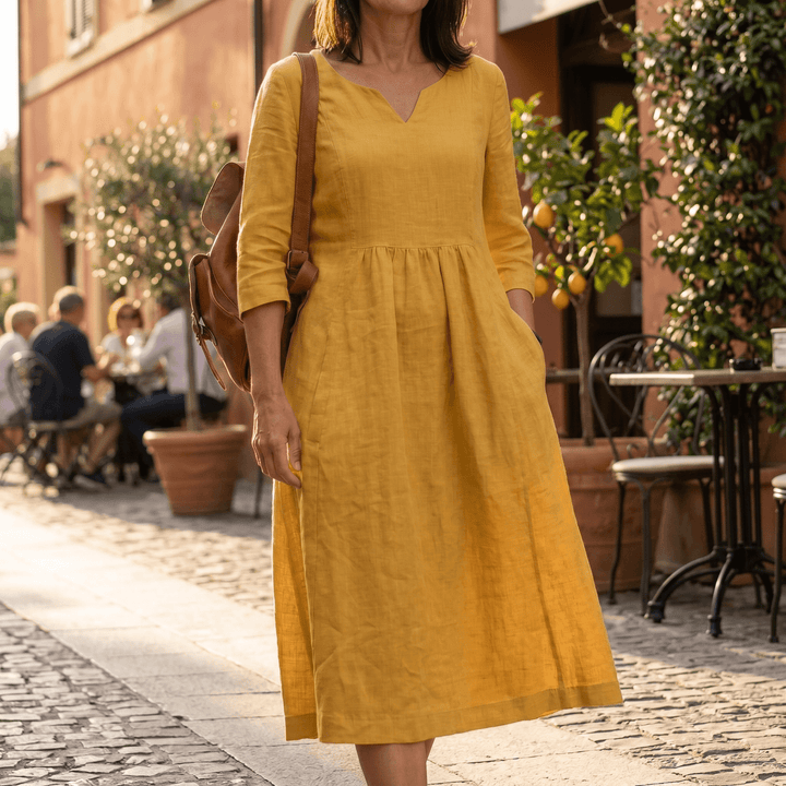 Solenne – Relaxed V-Neck Midi Dress with Pockets