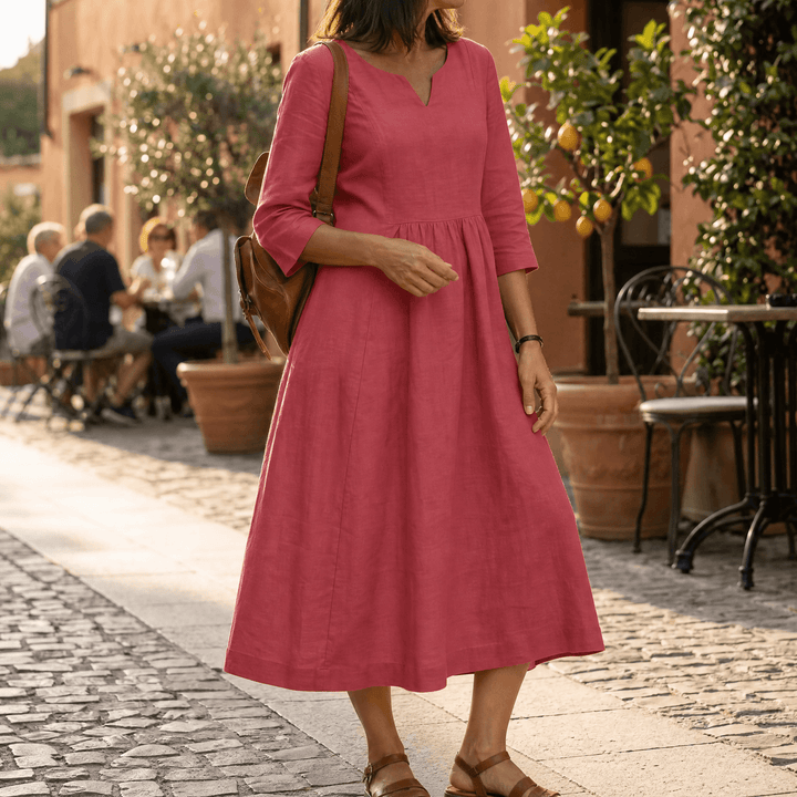 Solenne – Relaxed V-Neck Midi Dress with Pockets red