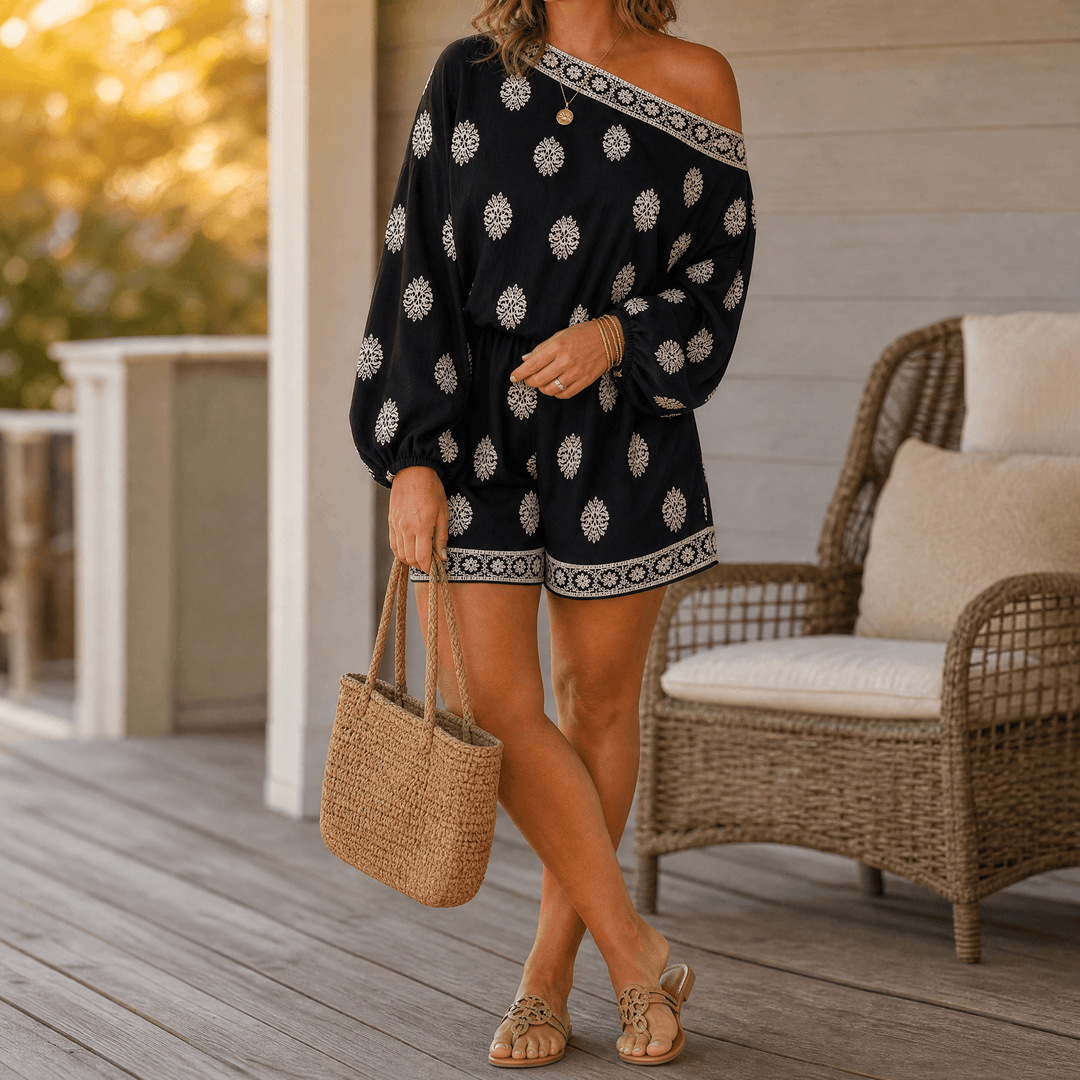 Solenne – Women's Bohemian Off-Shoulder Matching Set Black / S