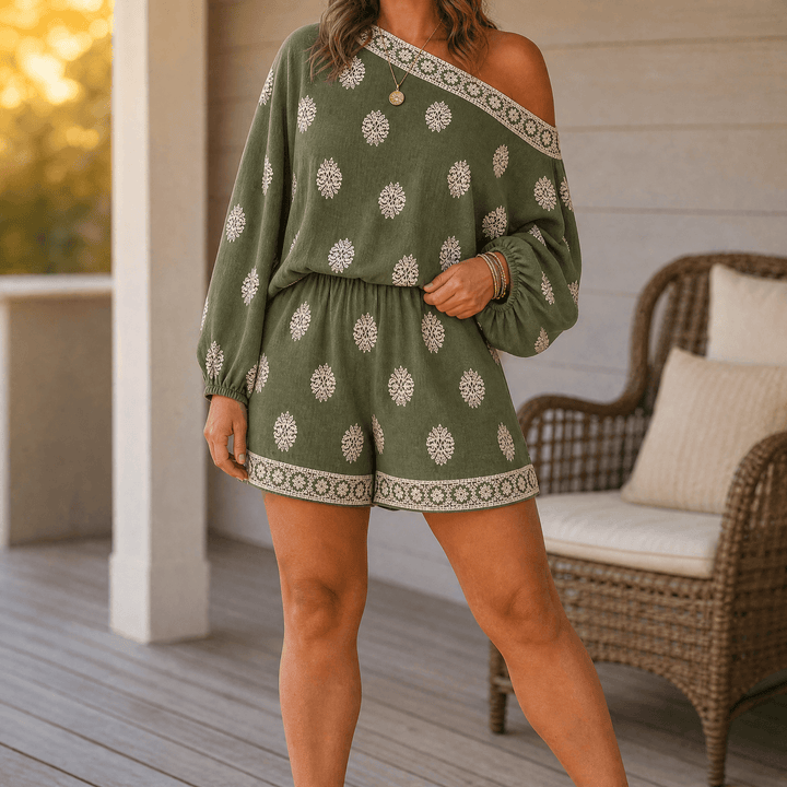 Solenne – Women's Bohemian Off-Shoulder Matching Set Sage Green / S