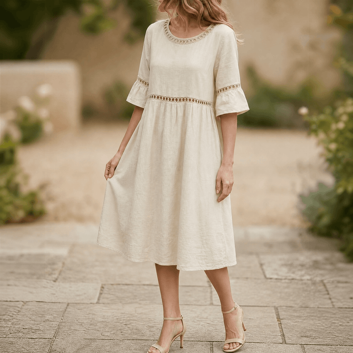 Solenne – Women's Breathable Cotton Linen Lace Midi Dress Beige