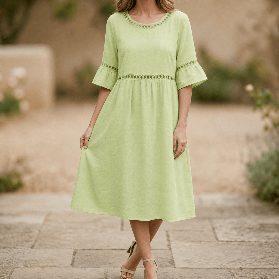 Solenne – Women's Breathable Cotton Linen Lace Midi Dress Green