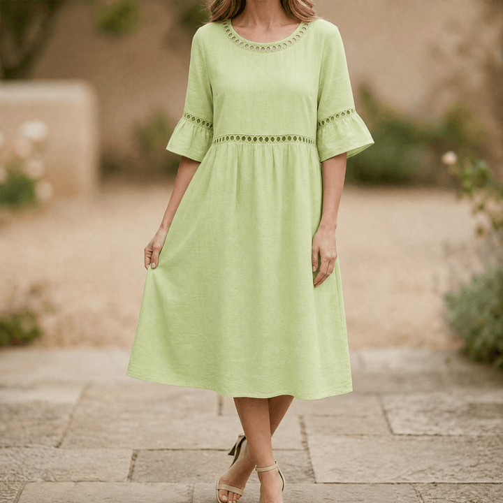 Solenne – Women's Breathable Cotton Linen Lace Midi Dress Green