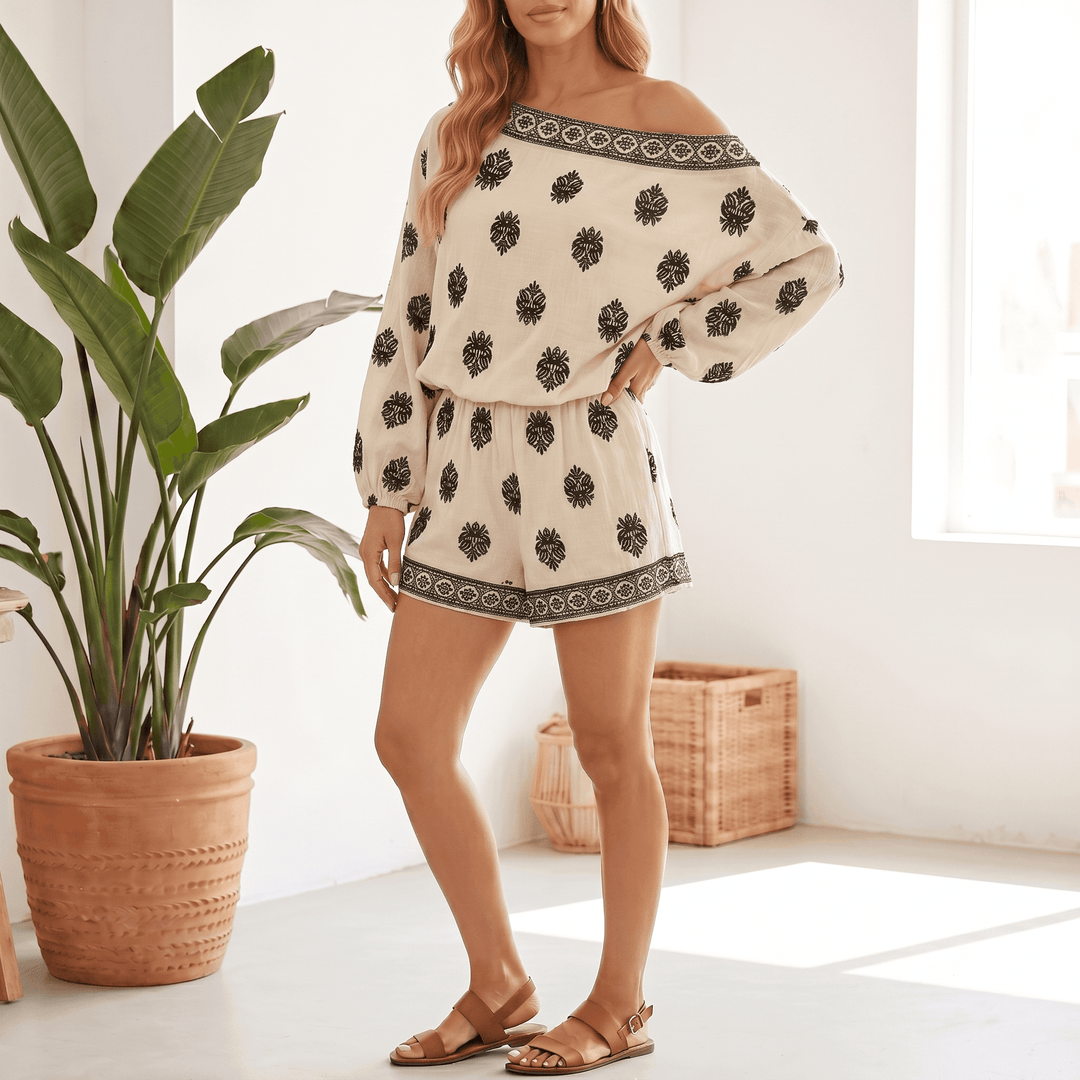 Solenne – Women's Effortless Boho Vacation Set with Pockets Cream /