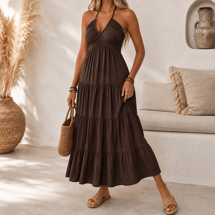 Solenne – Women's Flowy Halter Maxi Dress Coffee Brown