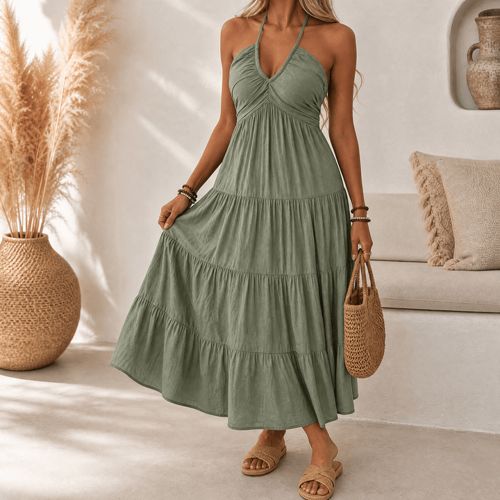 Solenne – Women's Flowy Halter Maxi Dress Olive Green