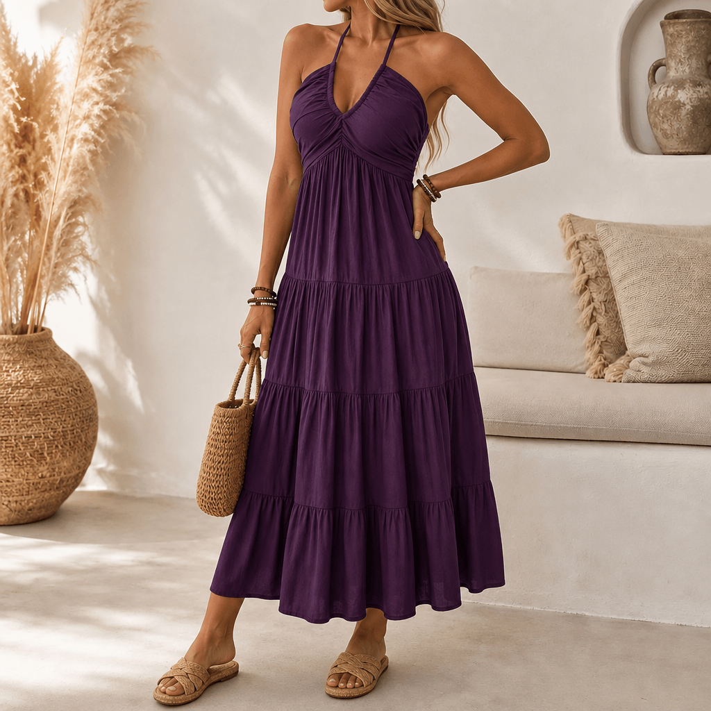 Solenne – Women's Flowy Halter Maxi Dress Plum