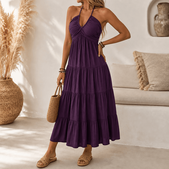 Solenne – Women's Flowy Halter Maxi Dress Plum