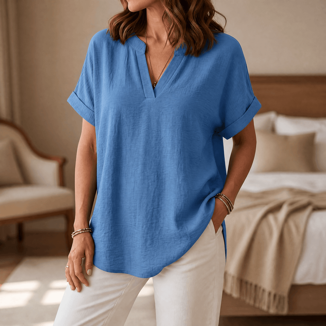Solenne – Women's Soft Drape V-Neck Blouse Blue / S