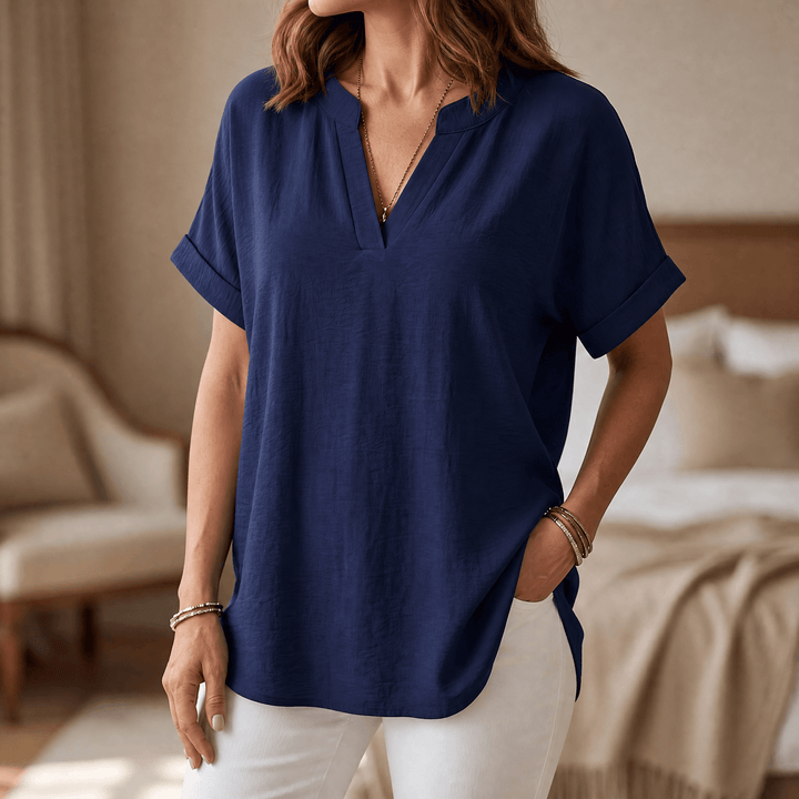 Solenne – Women's Soft Drape V-Neck Blouse Navy / S