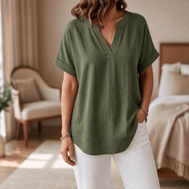 Solenne – Women's Soft Drape V-Neck Blouse Olive Green / S
