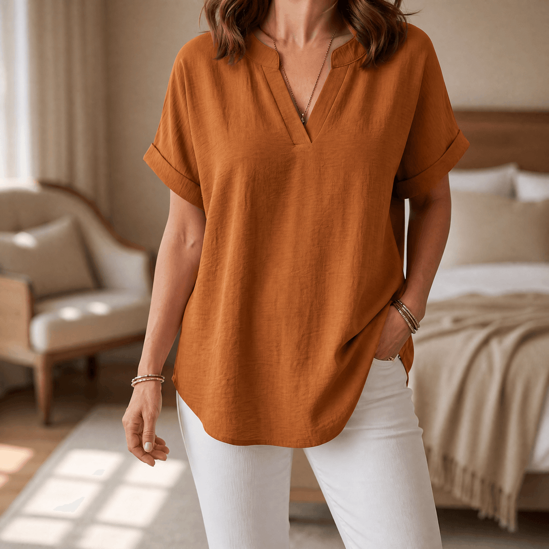 Solenne – Women's Soft Drape V-Neck Blouse Orange / S