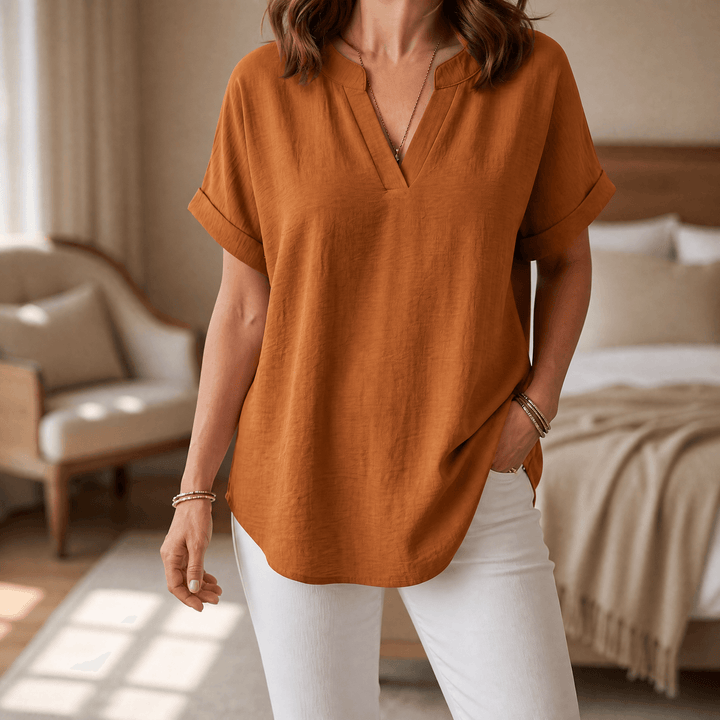 Solenne – Women's Soft Drape V-Neck Blouse Orange / S
