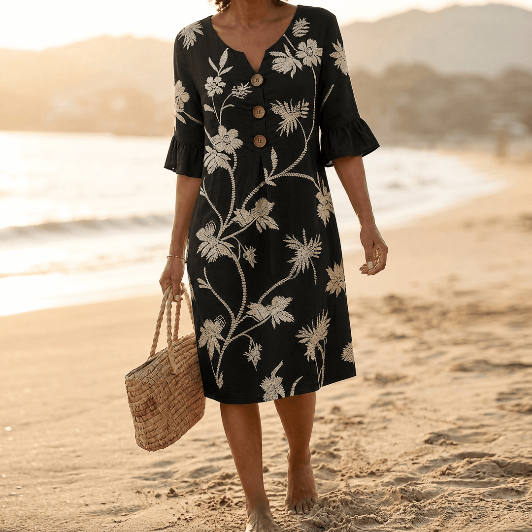 Solenya – Women's Embroidered Floral Midi Dress black