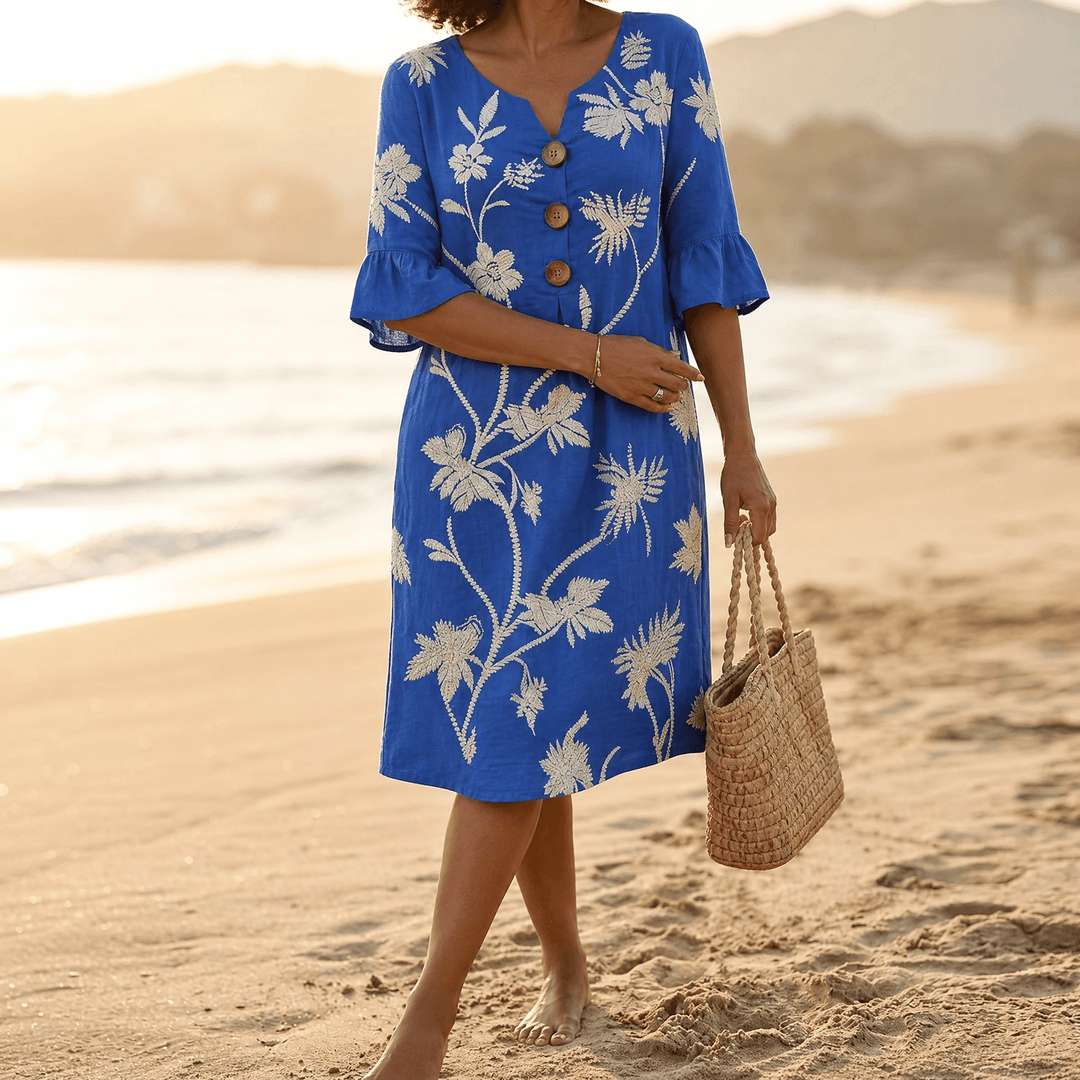 Solenya – Women's Embroidered Floral Midi Dress cobalt blue