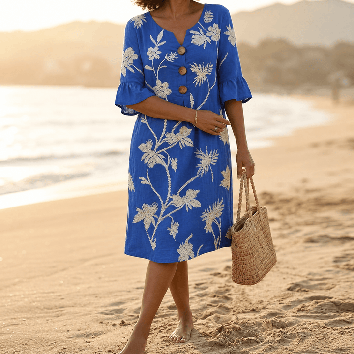 Solenya – Women's Embroidered Floral Midi Dress cobalt blue